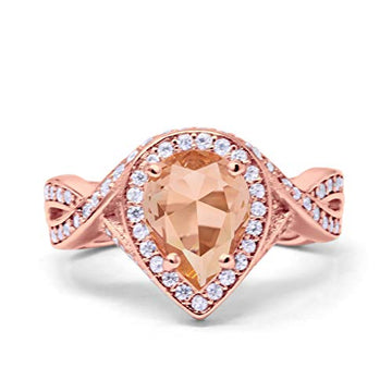 Teardrop Engagement Bridal Ring Rose Tone, Simulated Morganite CZ 925 Sterling Silver